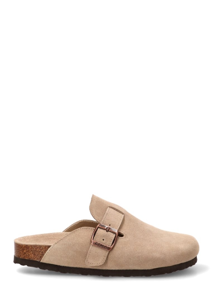 Zueco de mujer en antelina beige con hebilla y suela de corcho bio - Mada Shoes